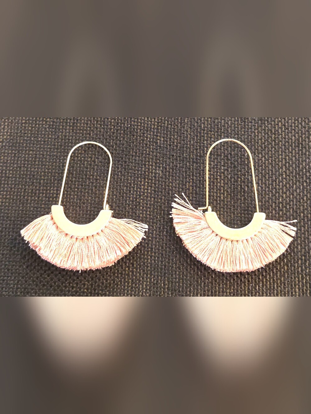 Gold Tone Arch Hoop Blush Pink Fan Tassel Drop Earrings